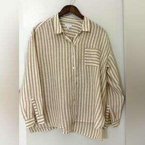 J. Jill Love Linen Tan and White Striped Button Down Shirt Size: L Petite